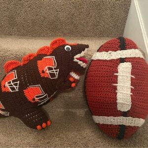 Vintage Crochet Cleveland Browns Dinosaur and Football Plush Set